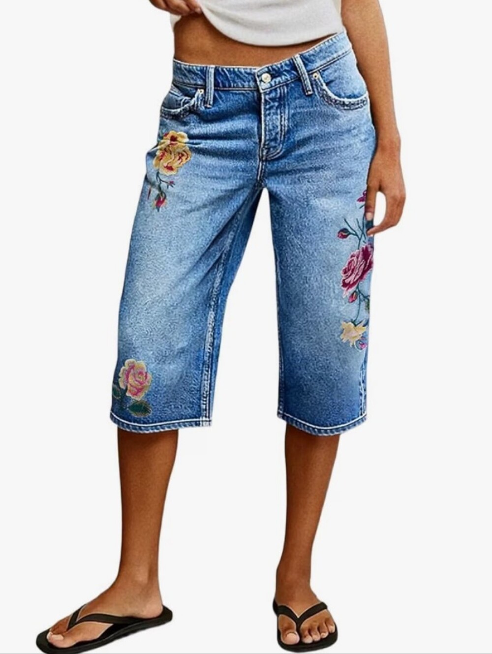 Flamingals Straight Wide Leg Capri Mid Rise Washed Floral Jeans NWT Large